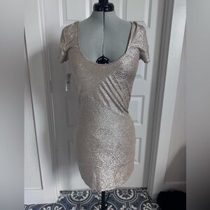 Free People Metallic Champagne Short Sleeve Scoop Mini Dress